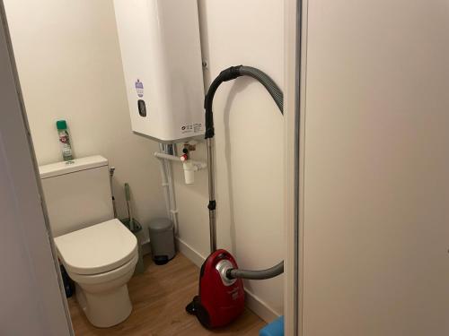 a bathroom with a toilet and a red vacuum at Villa Kerjoa - T8 - grand jardin in Arcachon