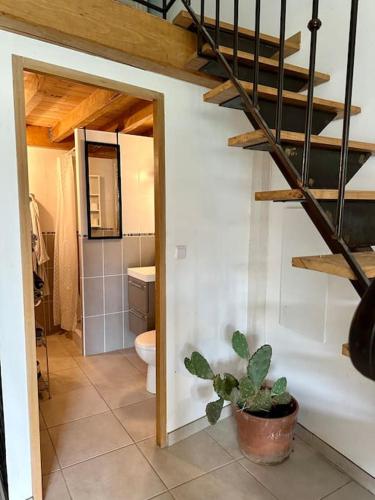 a bathroom with a staircase and a toilet in a room at Joli Mas duplex piscine parking in Mudaison