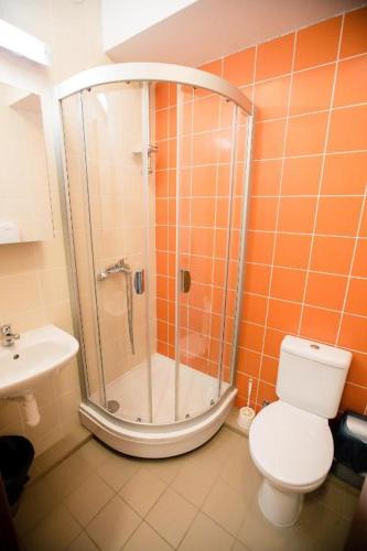 a bathroom with a shower and a toilet and a sink at Alytaus sporto viešbutis in Alytus