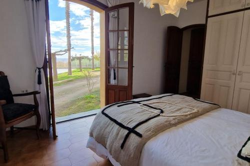 une chambre avec un lit et une grande fenêtre dans l'établissement Villa Marie-Ange entre Mer et Montagne, à Santa-Lucia-di-Moriani