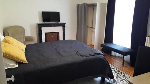 a bedroom with a black bed and a television at Maison Briand - Chambre Confortable Melun Centre - Wifi, Netflix, Smart TV, Lit à mousse mémoire de forme in Melun