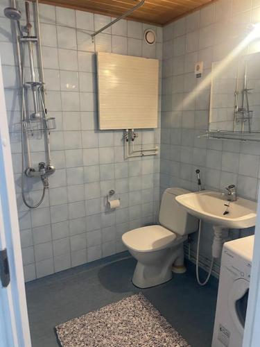 La salle de bains est pourvue de toilettes et d'un lavabo. dans l'établissement Yksiö Pispalassa, à Tampere
