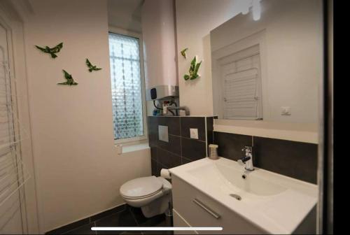 une salle de bain avec un lavabo, des toilettes et un miroir dans l'établissement Lake Escape - with private parking, à Annecy