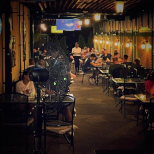 a group of people sitting at tables in a restaurant at Casa Verde in Videle