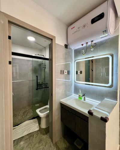 a bathroom with a sink and a toilet and a mirror at Easy spacious apartments in Durban