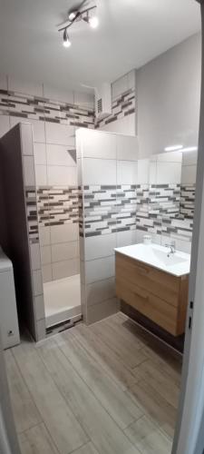 een witte badkamer met een wastafel en een spiegel bij appartement 2 chambres in Baccarat