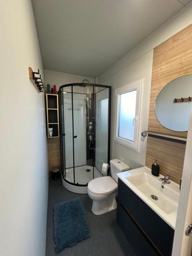 a bathroom with a shower and a toilet and a sink at The Sol Home - Mobile Home in Drage, Pakoštane in Pakoštane