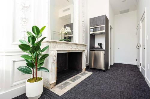 uma sala de estar com lareira e um vaso de plantas em Stylish Studio in Historic Boston - Unit #209 em Boston