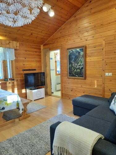 un soggiorno con divano e TV di Holiday Home Samanitieva a Enontekiö
