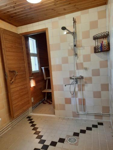 een badkamer met een douche en een glazen deur bij Holiday Home Samanitieva in Enontekiö