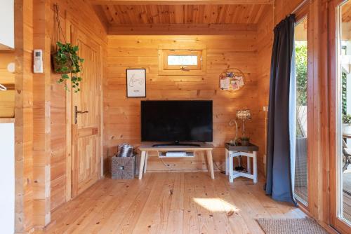 a living room with a television in a wooden wall at The Sea Lodge in Zandvoort