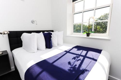 1 dormitorio con 1 cama con manta azul y blanca en Modern Suite in Fenway Neighborhood, en Boston