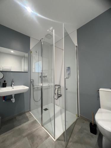 een badkamer met een douche, een toilet en een wastafel bij Hotel Le Cormier 9 in Cholet