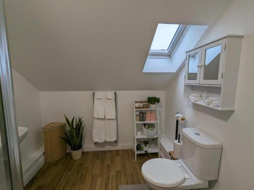 a bathroom with a white toilet and a skylight at Stunning Super Kingsize Room - Cheltenham Festival in Cheltenham