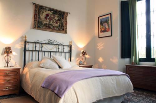 sypialnia z dużym łóżkiem i fioletowym kocem w obiekcie El Retiro de Alajar w mieście Alájar