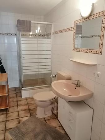 a bathroom with a toilet and a sink and a shower at Ferienwohnung Uthlande in Langeneß