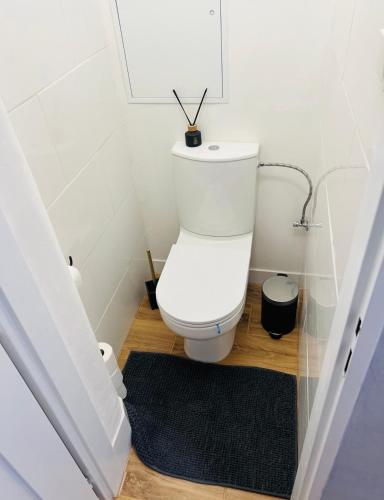 a small bathroom with a toilet with a black rug at Ubytování Starobělská u Ostravar Arény in Nová Ves