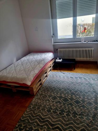 een slaapkamer met een bed, een raam en een tapijt bij Familien Haus in Luzern