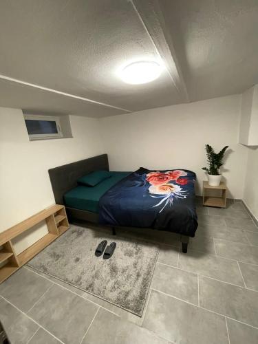 - une chambre avec un lit et un tapis dans l'établissement gemütliches und Schönes Zimmer Keller Geschoss K1, à Haßloch