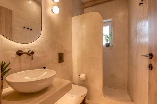 a bathroom with a sink and a toilet and a mirror at Christini Secrets in Plátanos
