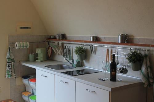 a kitchen with a sink and a bottle of wine at La Stanza Nova in Foiano della Chiana