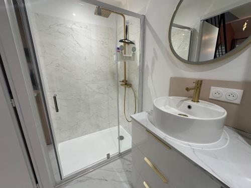 La salle de bains est pourvue d'une douche, d'un lavabo et d'un miroir. dans l'établissement Le nid Montois * * * *, à Saint-Jean-de-Monts