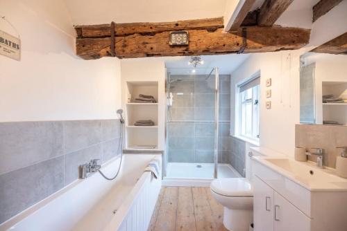 a bathroom with a shower and a toilet and a sink at Vela Art Gallery - Holiday Apartment in Saxmundham