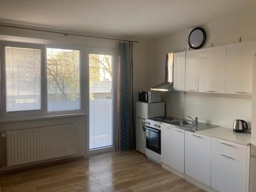 a kitchen with white cabinets and a stove top oven at Dubravka in Bratislava