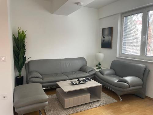 a living room with a couch and a table at EApartment in Skopje