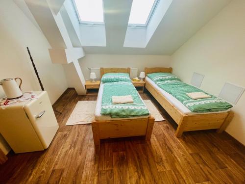 two twin beds in a room with a skylight at Penzion U Hánů in Meclov