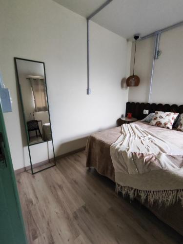 1 dormitorio con cama y espejo grande en Hospedagem do Mathe, en União da Vitória