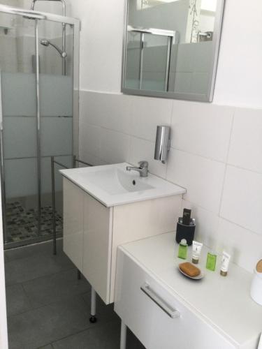 a white bathroom with a sink and a shower at La Salamandre de Camargue in Salin-de-Giraud