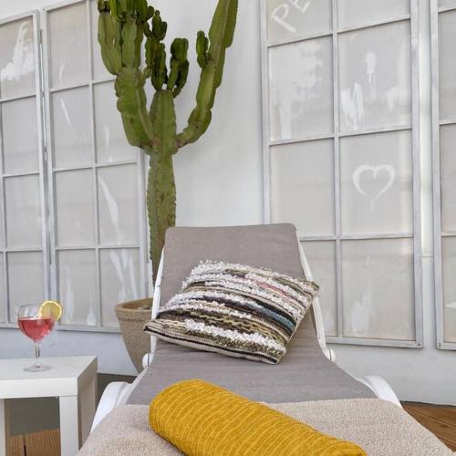 a chair with a pillow and a cactus in a room at Große sonnendurchflutete Wohnung in Costa Calma