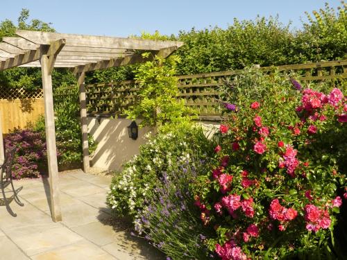 a garden with pink flowers and a wooden pergola at Pear Tree Cottages in Wedmore