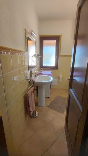 a bathroom with a sink and a mirror at Sara Sole & Mare in Torpè