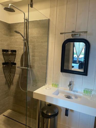 ein Bad mit einem Waschbecken und einer Dusche mit einem Spiegel in der Unterkunft Chambre d'Hôtes - Village Petit Piquey in Cap-Ferret