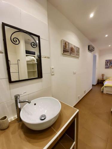 une salle de bain avec un lavabo et un miroir sur un comptoir dans l'établissement Appartement face à la mer 4 pers, à Propriano