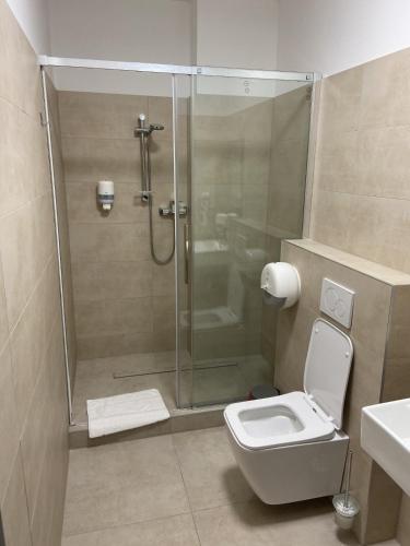 a bathroom with a shower and a toilet and a sink at TANKER Apartments & Bistro Čaradice in Čaradice