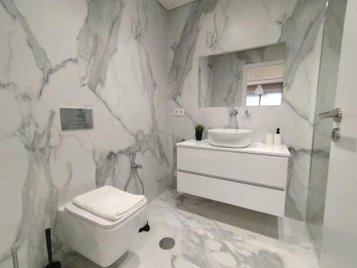 La salle de bains est pourvue de toilettes blanches et d'un lavabo. dans l'établissement Heart of the City Suites - B, à Vila Nova de Gaia