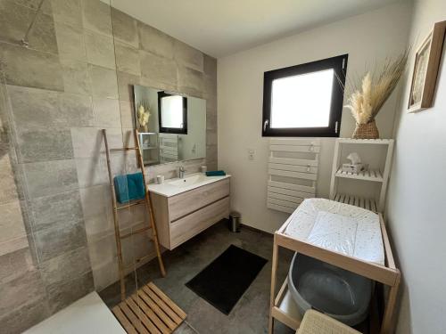 a bathroom with a sink and a mirror at DEGEMER MAT ! 4* Cosy, Moderne, à 8 min des plages. in Moëlan-sur-Mer