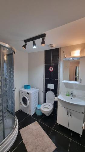 a bathroom with a toilet and a sink and a washing machine at Airport Residence in Otopeni