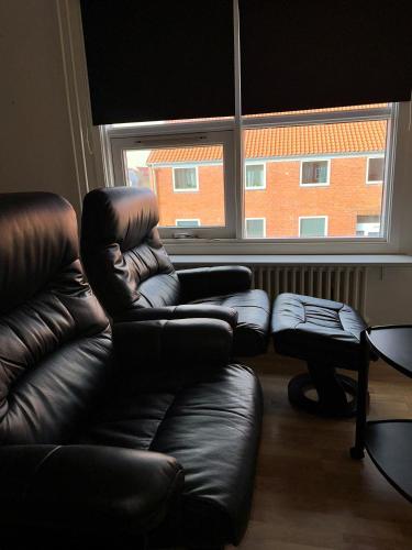 ein Wohnzimmer mit einem Ledersofa und einem Fenster in der Unterkunft Grønne Esbjerg C in Esbjerg