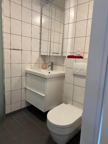 a white bathroom with a toilet and a sink at Grønne Esbjerg C in Esbjerg