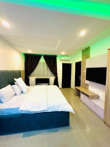 een slaapkamer met een groot bed en een televisie bij D Governor's Place & Apartments in Port Harcourt