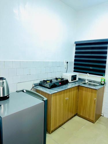 een keuken met een fornuis en een magnetron op een aanrecht bij D Governor's Place & Apartments in Port Harcourt