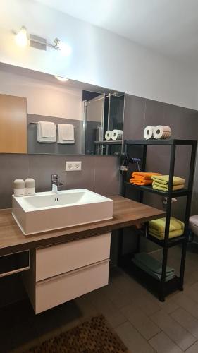 uma casa de banho com um lavatório e uma prateleira com toalhas em Schwabenstuben Apartment em Meersburg