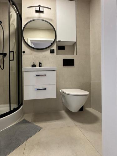 a bathroom with a toilet and a sink and a mirror at Healthy Life Apartment in Warsaw