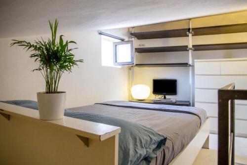 Isola del Giglio的住宿－Casa nel Castello，一间卧室,配有一张带盆栽的床铺