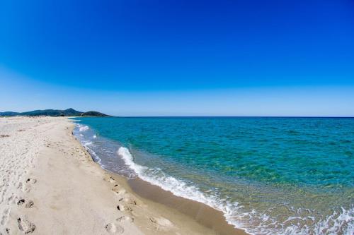 a beach with footprints in the sand and the ocean at Sara Sole & Mare in Torpè