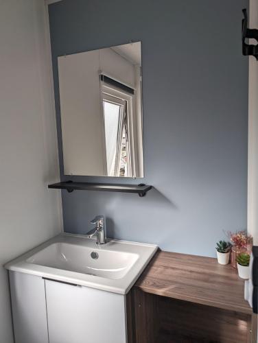 une salle de bain avec un lavabo et un miroir dans l'établissement Mobil-Home Camping 4* Landes Lac et Océan 6 à 8 p., à Gastes